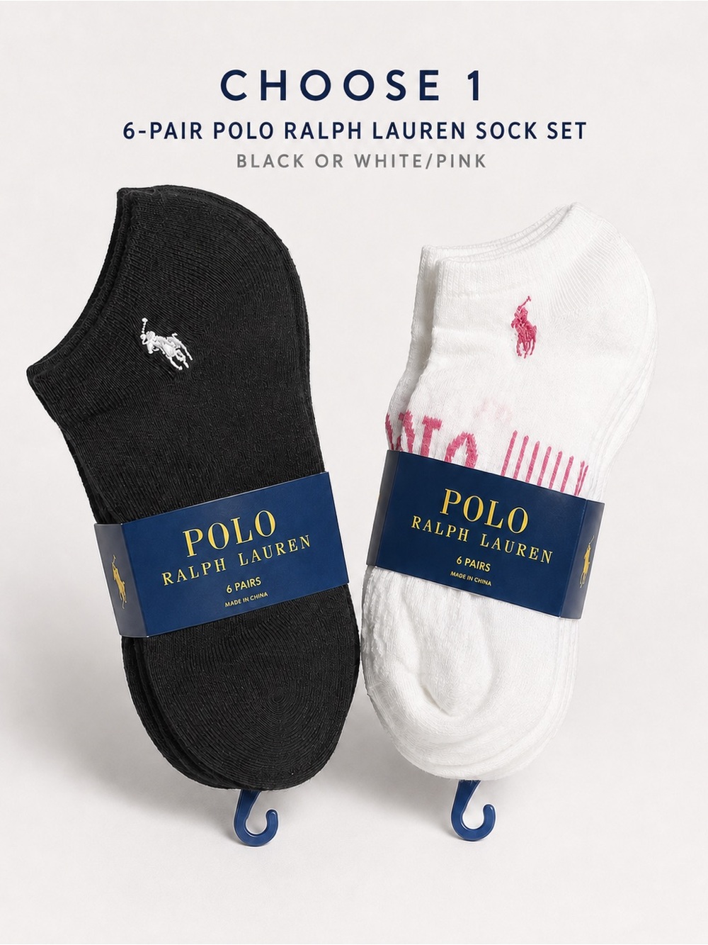 NWT Polo by Ralph Lauren Black or White Ankle Socks 6 Pack Size 4-10.5